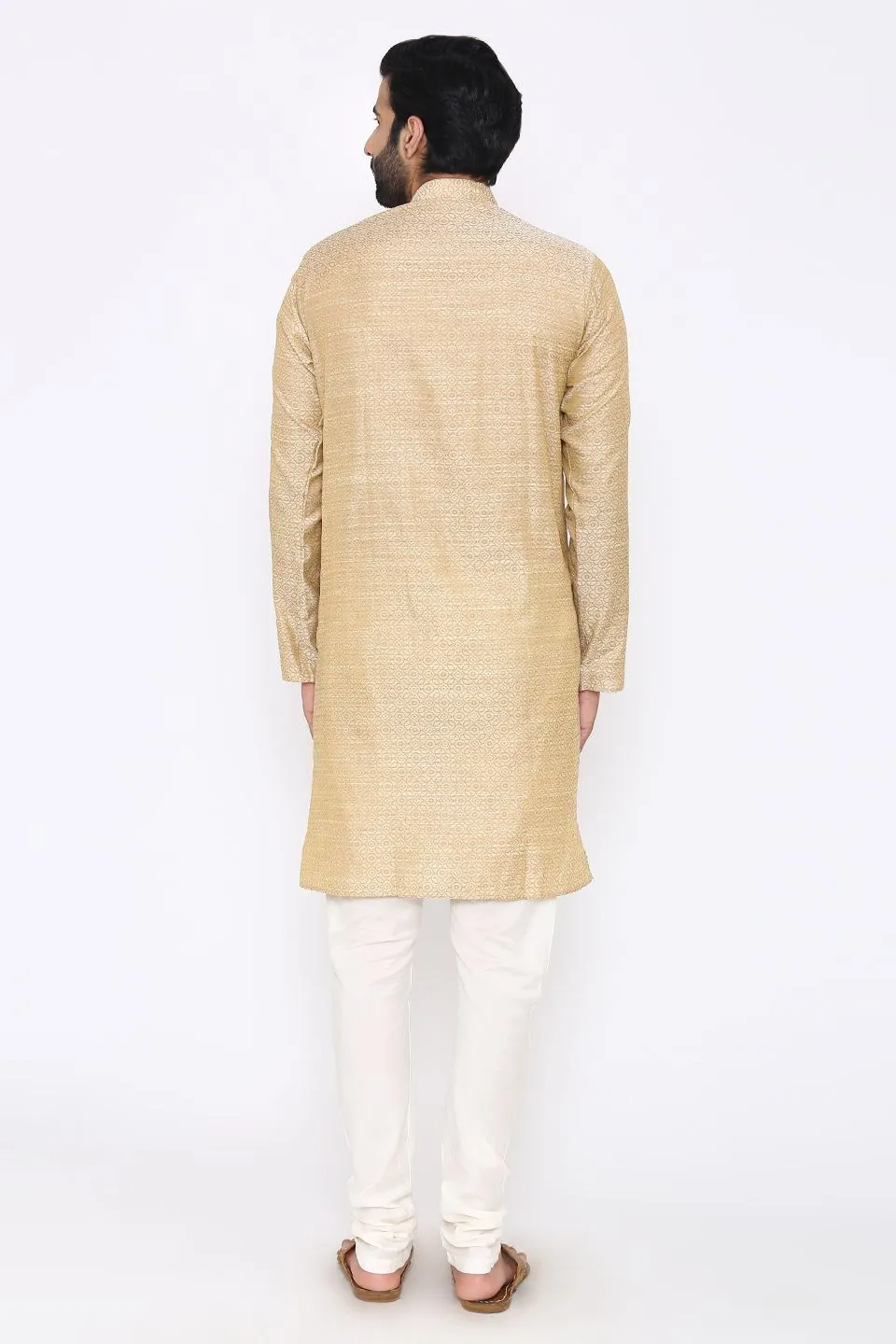 Banarasi Art Silk Cotton Blend Off-White Long Kurta Pajama