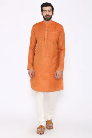Banarasi Art Silk Cotton Blend Orange Long Kurta Pajama
