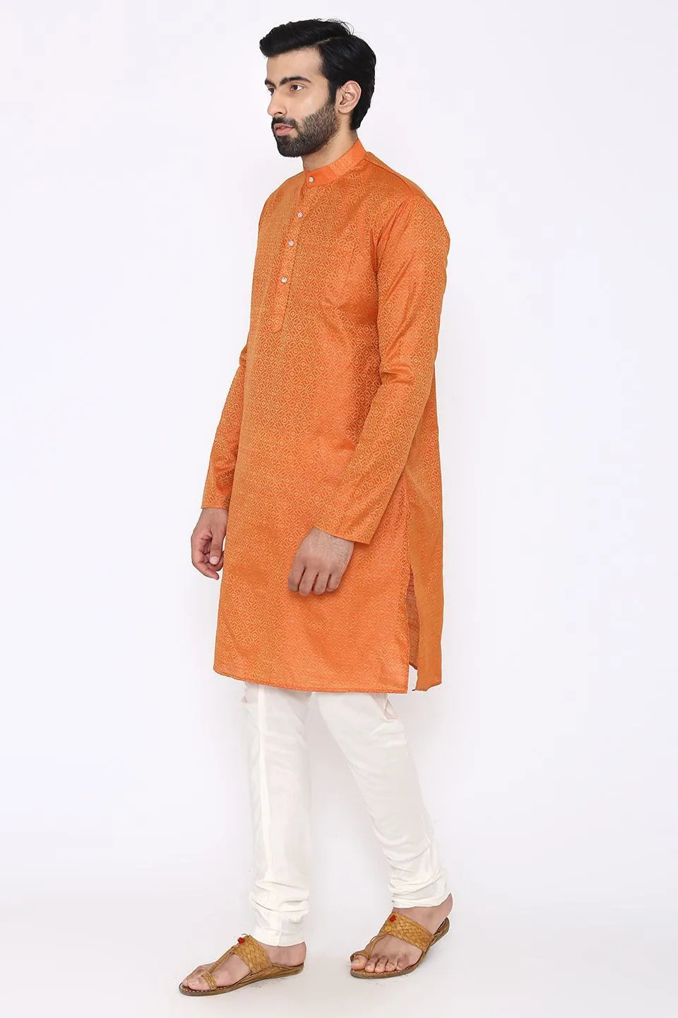 Banarasi Art Silk Cotton Blend Orange Long Kurta Pajama