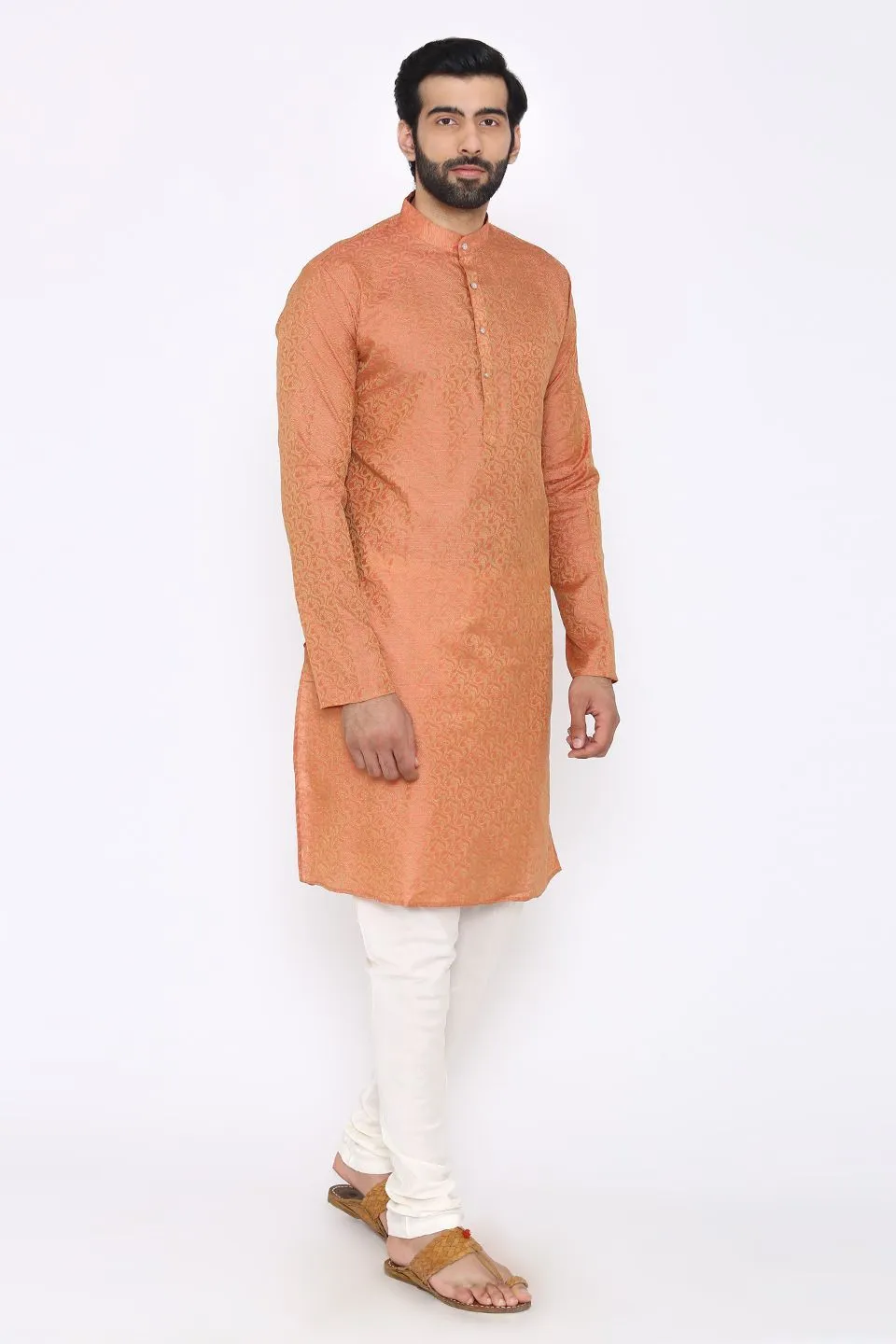 Banarasi Art Silk Cotton Blend Red Long Kurta Pajama