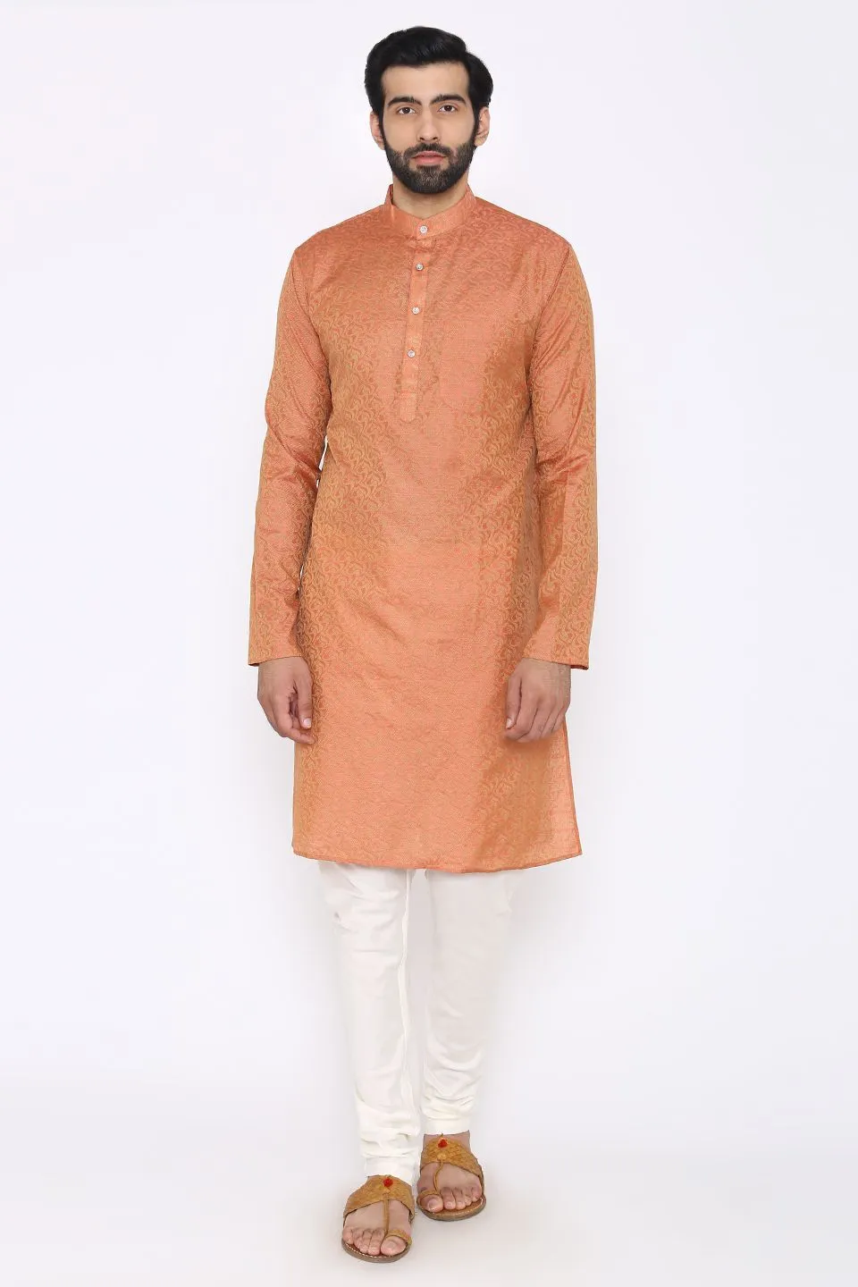 Banarasi Art Silk Cotton Blend Red Long Kurta Pajama