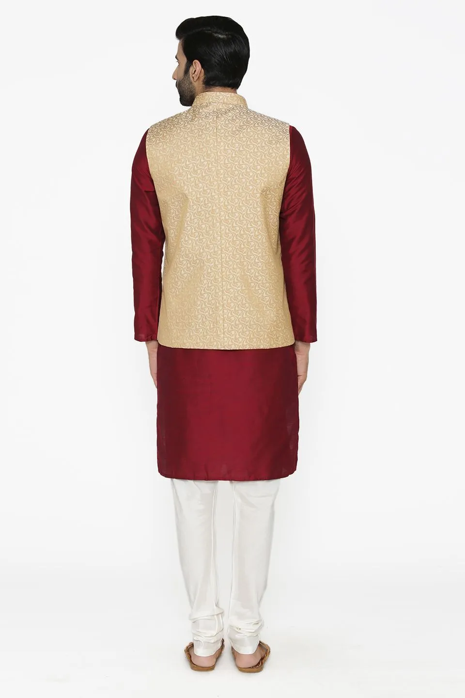 Banarasi Art Silk Cotton Blend White Modi Nehru Jacket