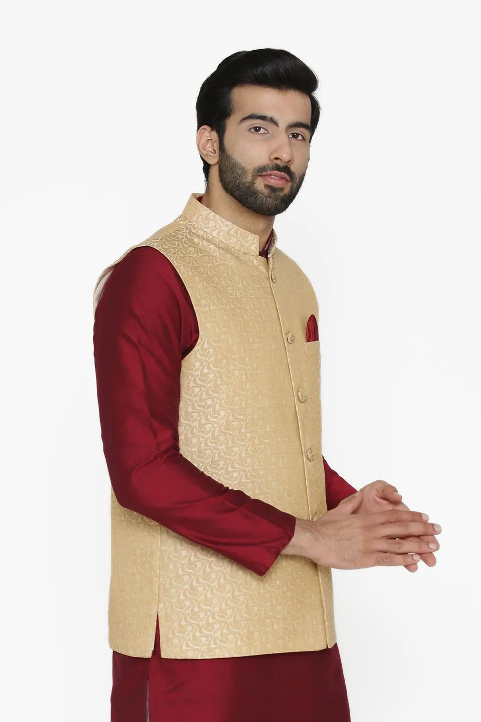 Banarasi Art Silk Cotton Blend White Modi Nehru Jacket