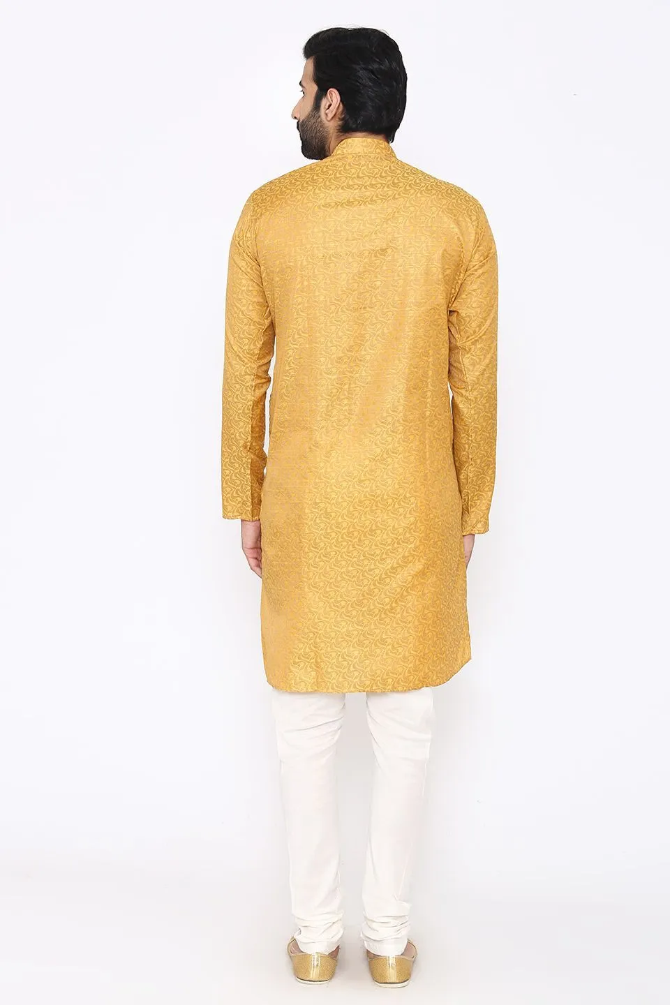 Banarasi Art Silk Cotton Blend Yellow Long Kurta Pajama