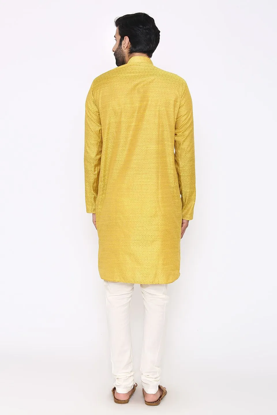 Banarasi Art Silk Cotton Blend Yellow Long Kurta Pajama