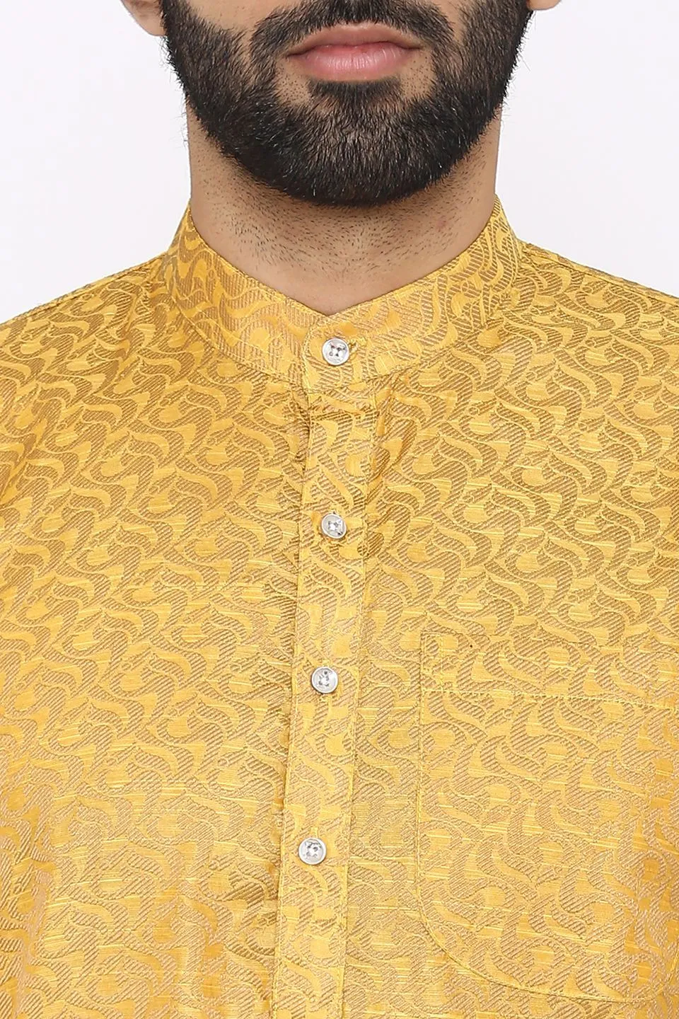 Banarasi Art Silk Cotton Blend Yellow Long Kurta Pajama