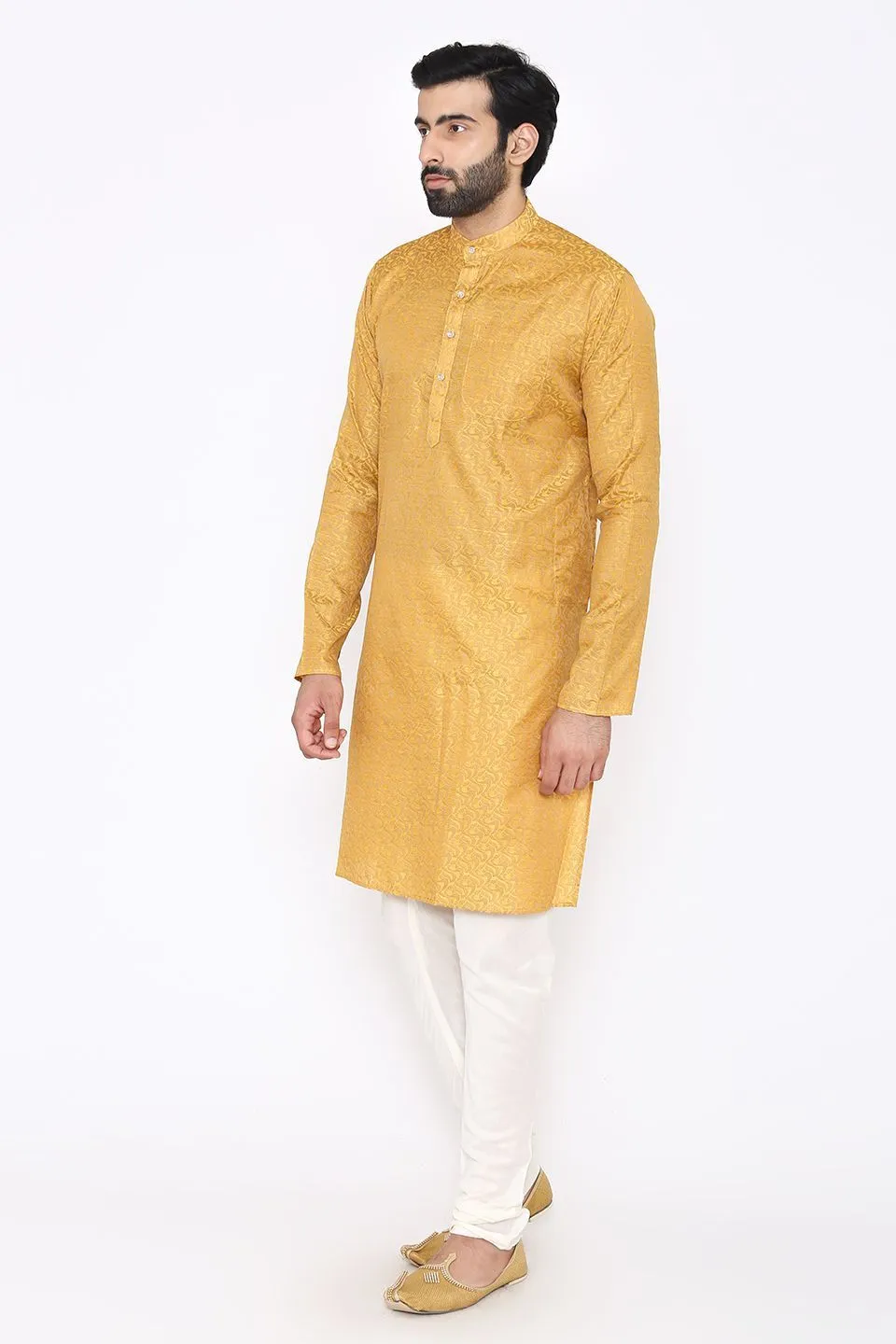 Banarasi Art Silk Cotton Blend Yellow Long Kurta Pajama