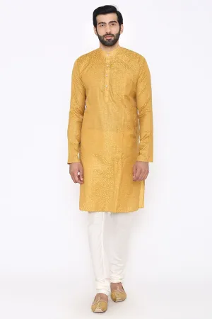 Banarasi Art Silk Cotton Blend Yellow Long Kurta Pajama
