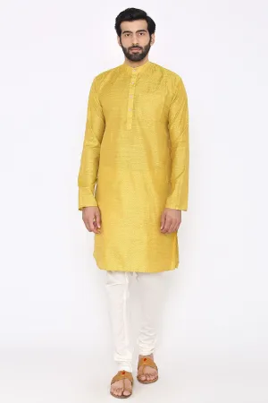 Banarasi Art Silk Cotton Blend Yellow Long Kurta Pajama
