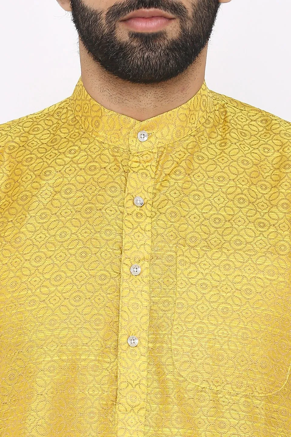 Banarasi Art Silk Cotton Blend Yellow Long Kurta Pajama