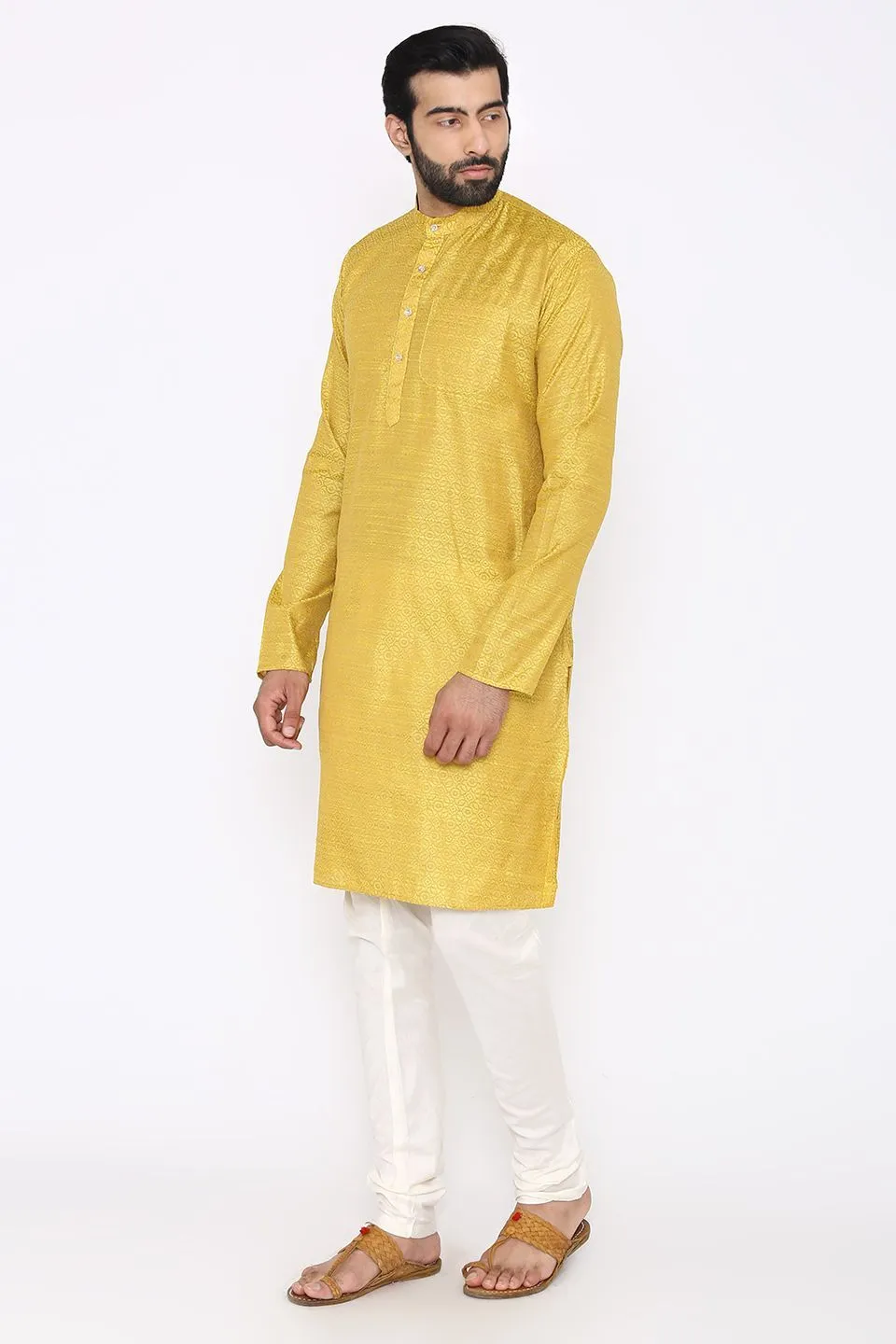 Banarasi Art Silk Cotton Blend Yellow Long Kurta Pajama