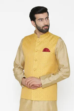 Banarasi Art Silk Cotton Blend Yellow Modi Nehru Jacket