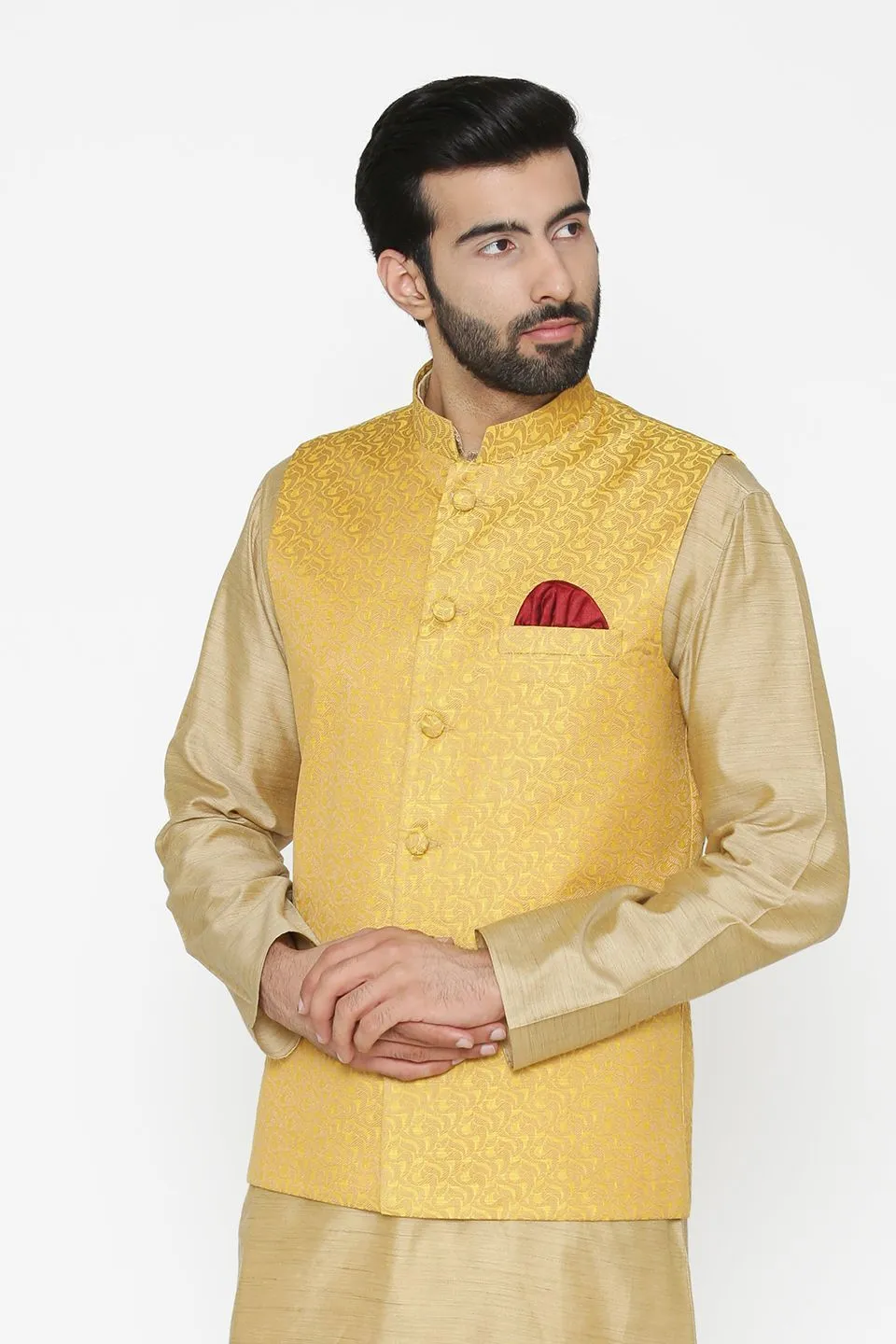 Banarasi Art Silk Cotton Blend Yellow Modi Nehru Jacket