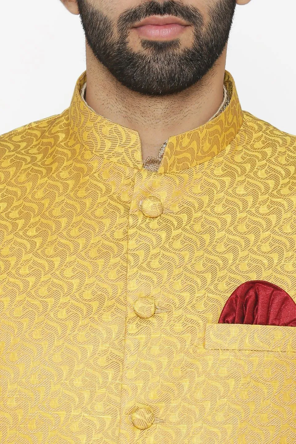 Banarasi Art Silk Cotton Blend Yellow Modi Nehru Jacket