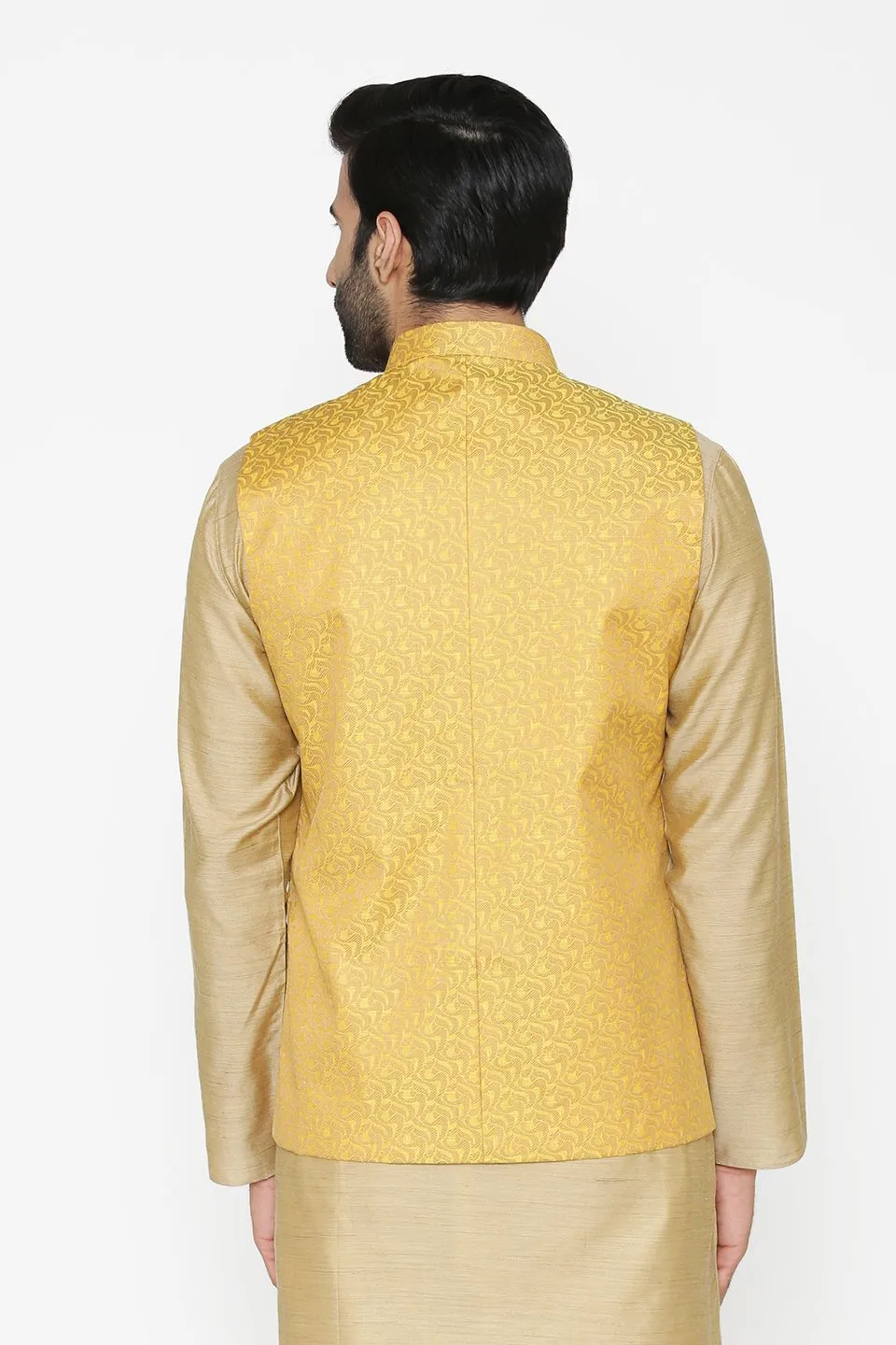 Banarasi Art Silk Cotton Blend Yellow Modi Nehru Jacket