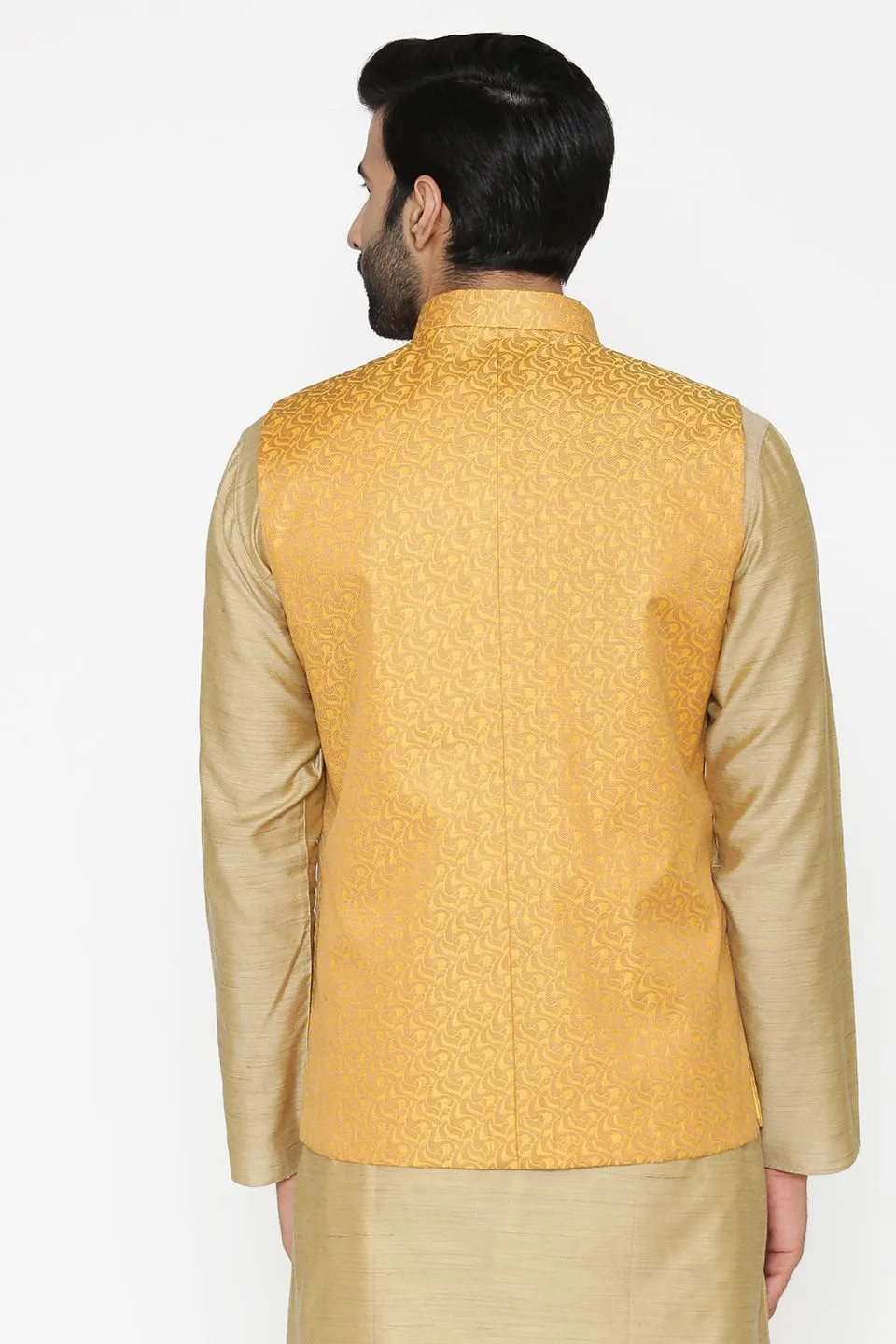 Banarasi Art Silk Cotton Blend Yellow Modi Nehru Jacket