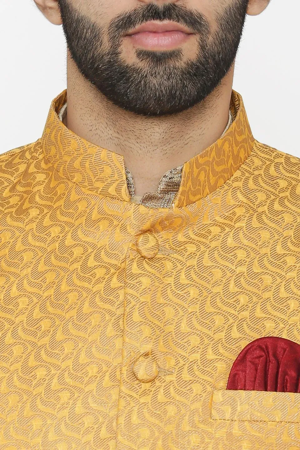 Banarasi Art Silk Cotton Blend Yellow Modi Nehru Jacket