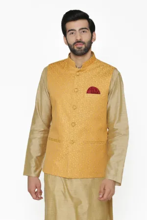 Banarasi Art Silk Cotton Blend Yellow Modi Nehru Jacket