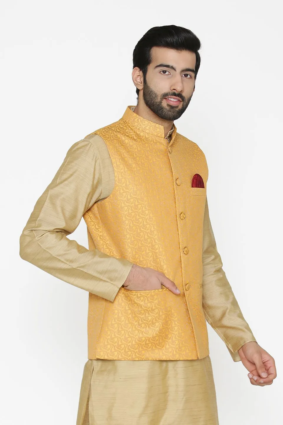 Banarasi Art Silk Cotton Blend Yellow Modi Nehru Jacket