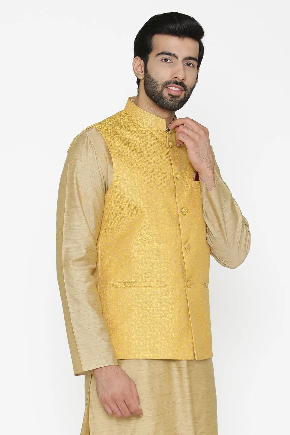 Banarasi Art Silk Cotton Blend Yellow Modi Nehru Jacket