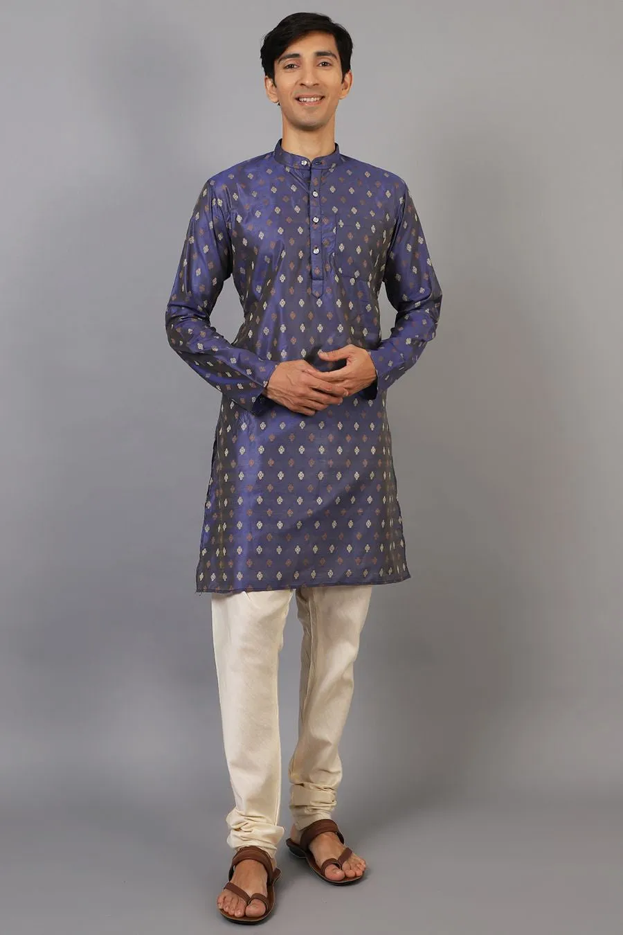 Banarasi Art Silk Cotton Blue Kurta Pajama