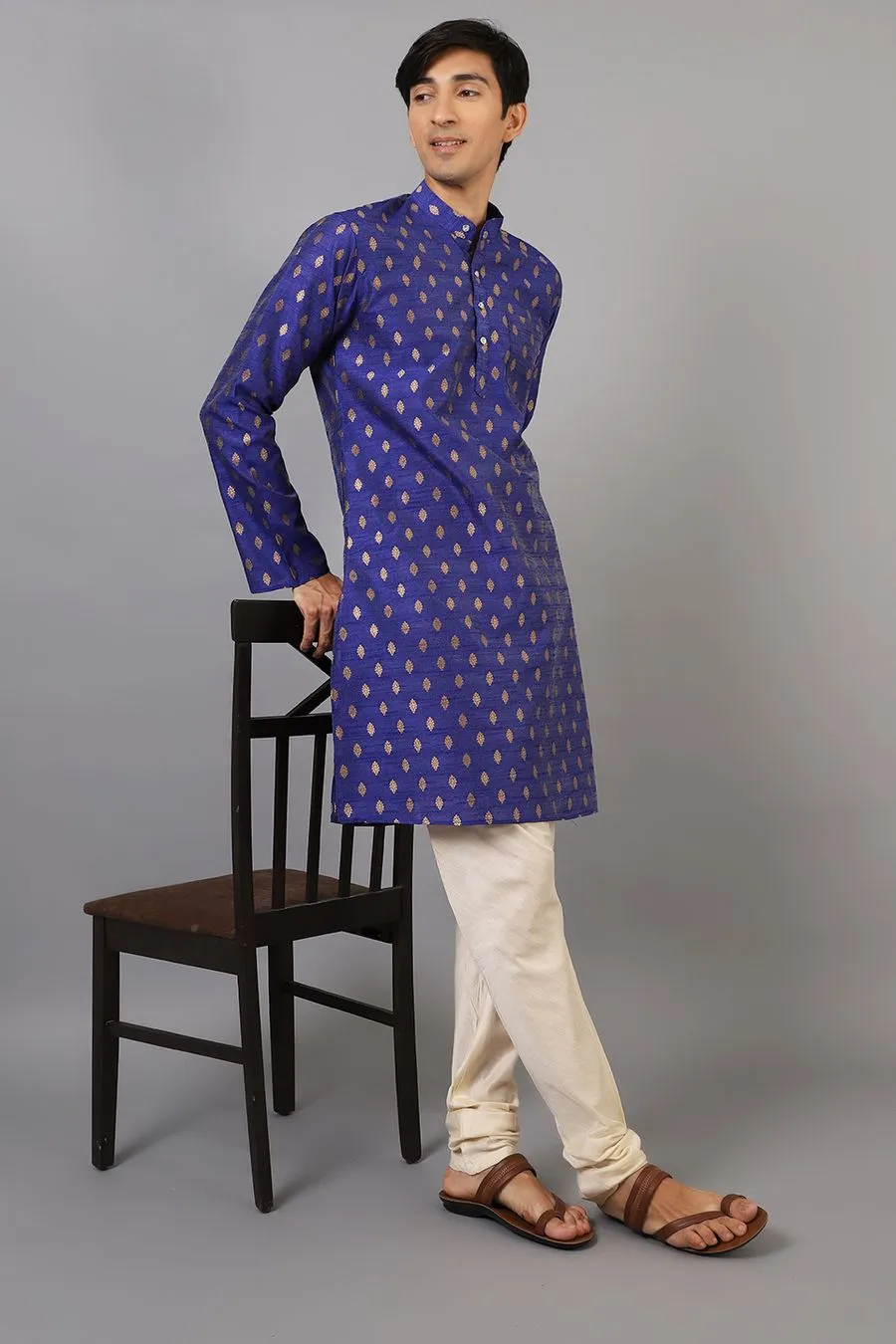 Banarasi Art Silk Cotton Dark Blue Kurta Pajama