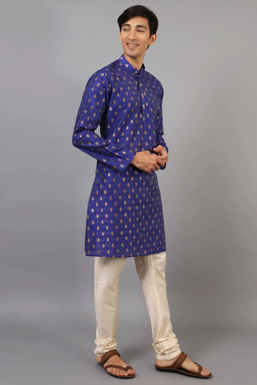 Banarasi Art Silk Cotton Dark Blue Kurta Pajama