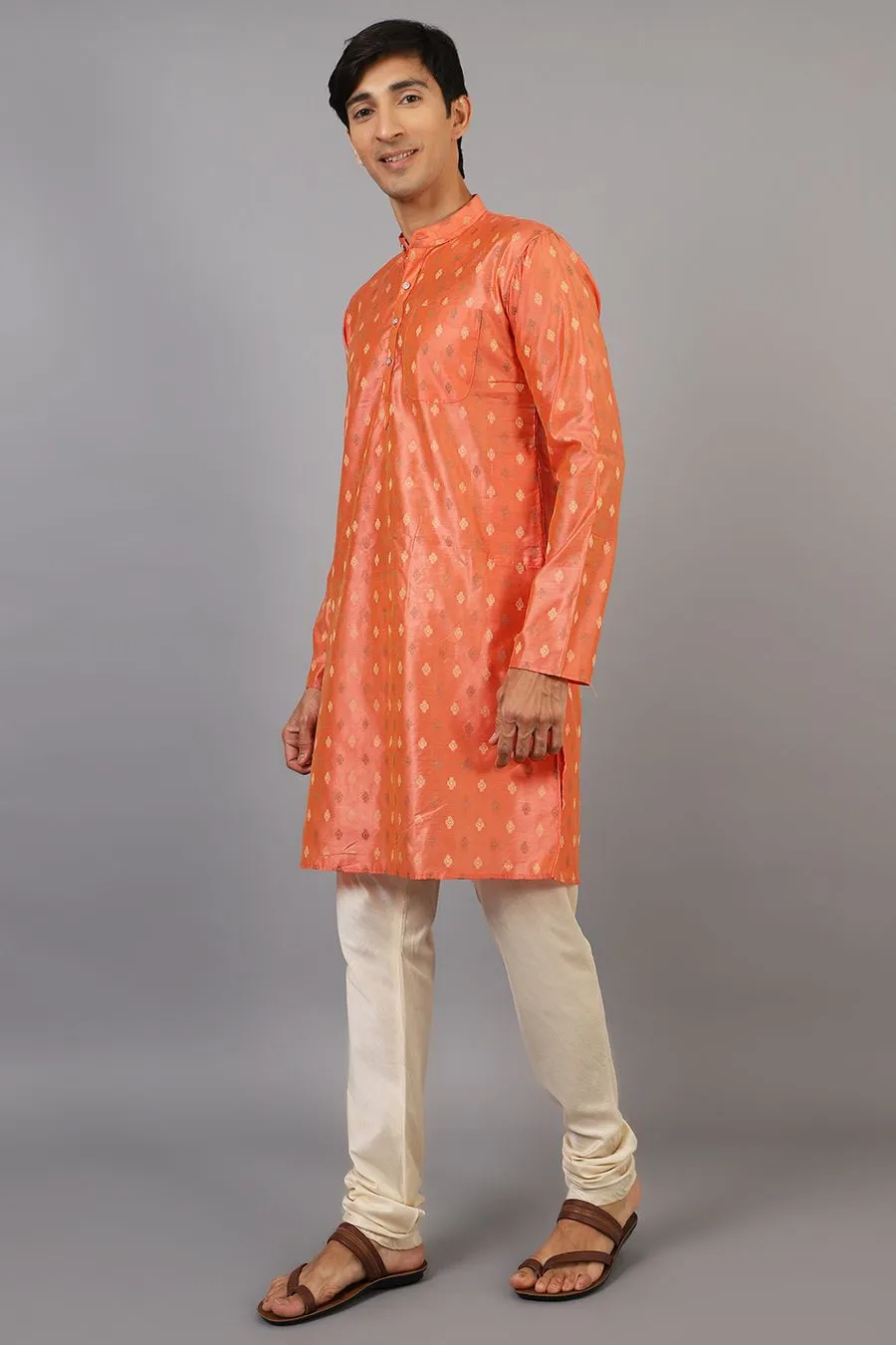 Banarasi Art Silk Cotton Orange Kurta Pajama