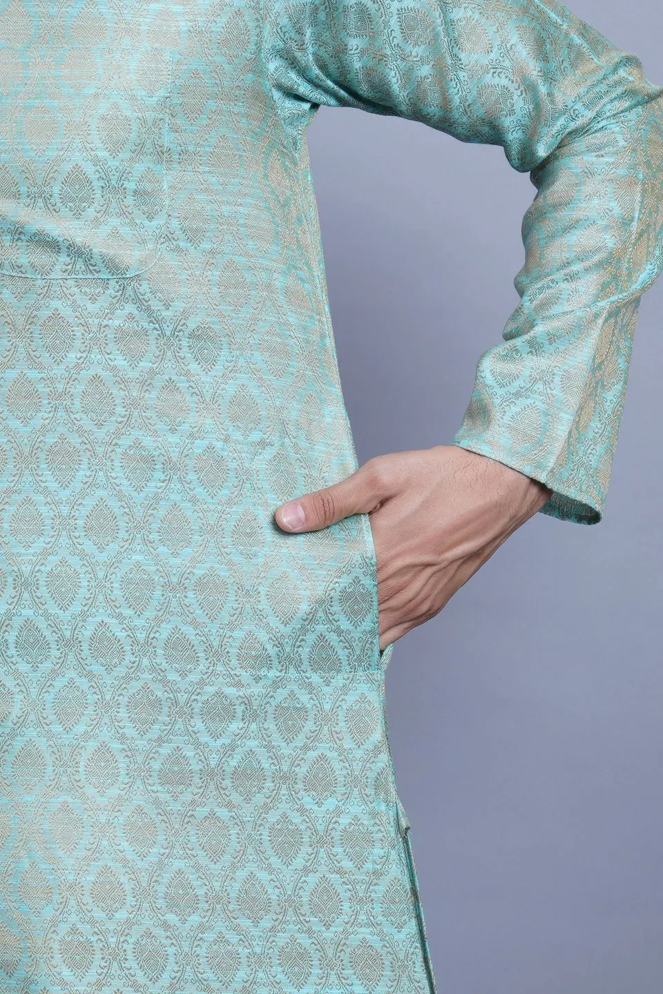 Banarasi Art Silk Cotton Turquoise Kurta Pajama