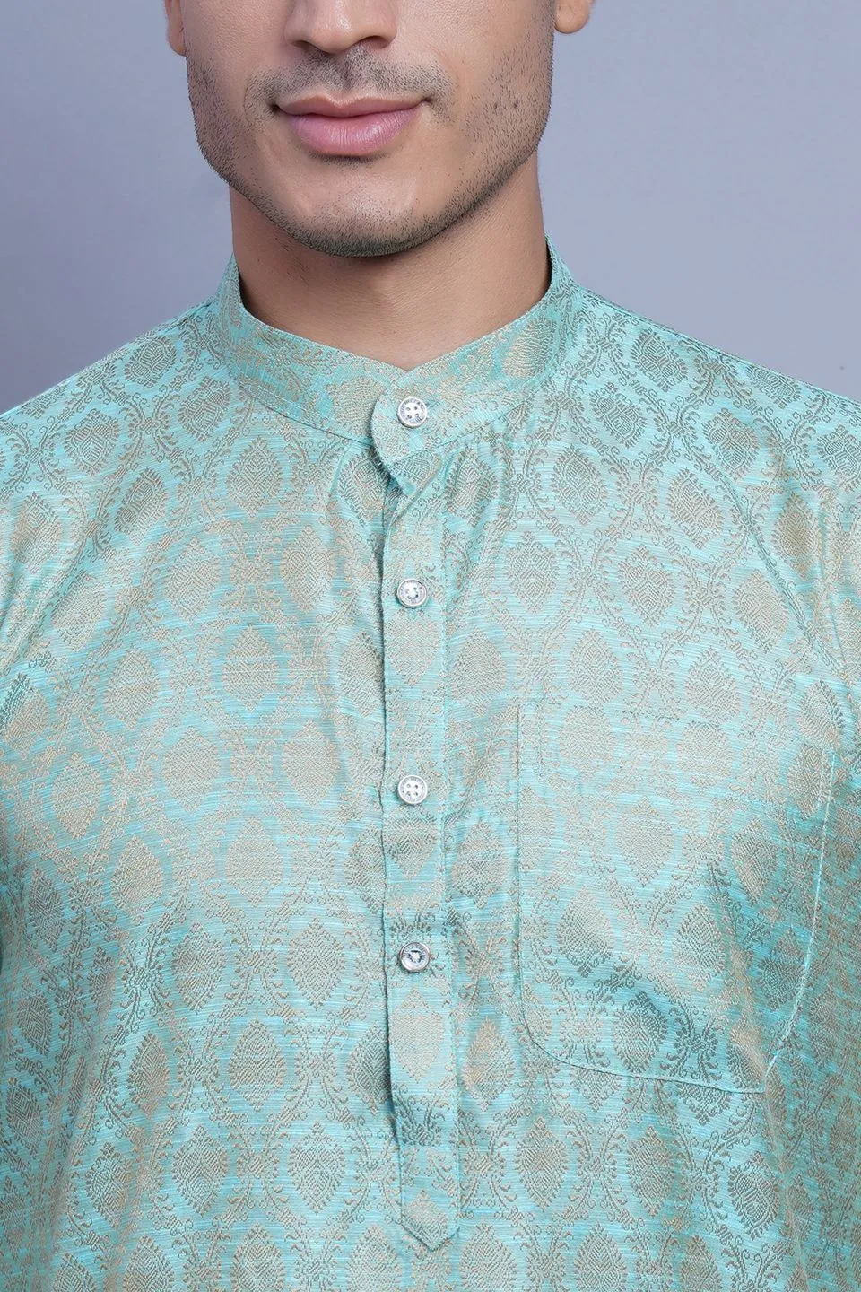 Banarasi Art Silk Cotton Turquoise Kurta Pajama