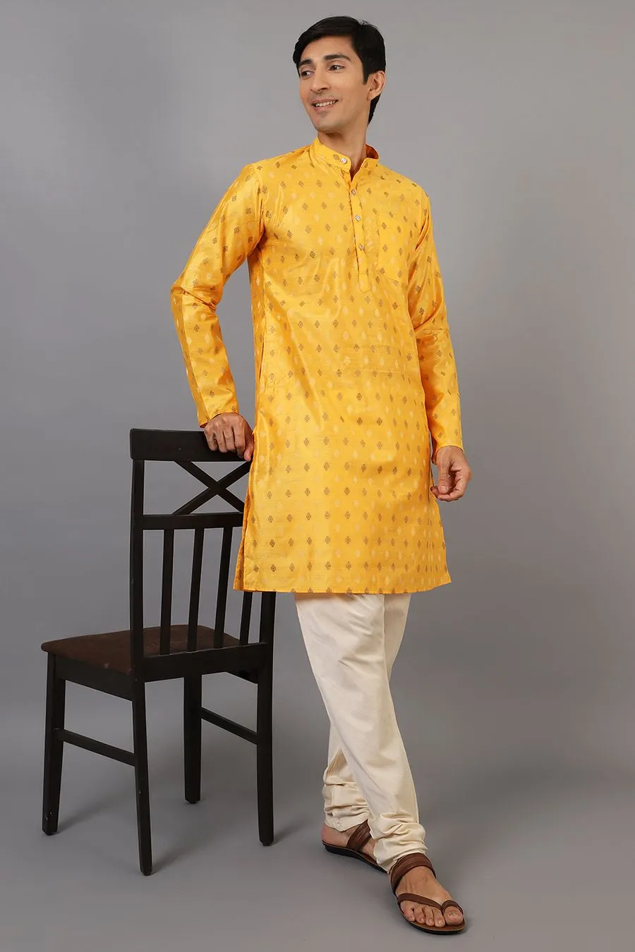 Banarasi Art Silk Cotton Yellow Kurta Pajama