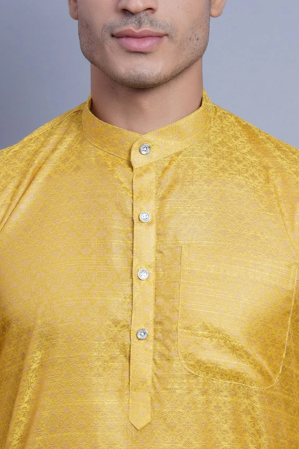 Banarasi Art Silk Cotton Yellow Kurta Pajama