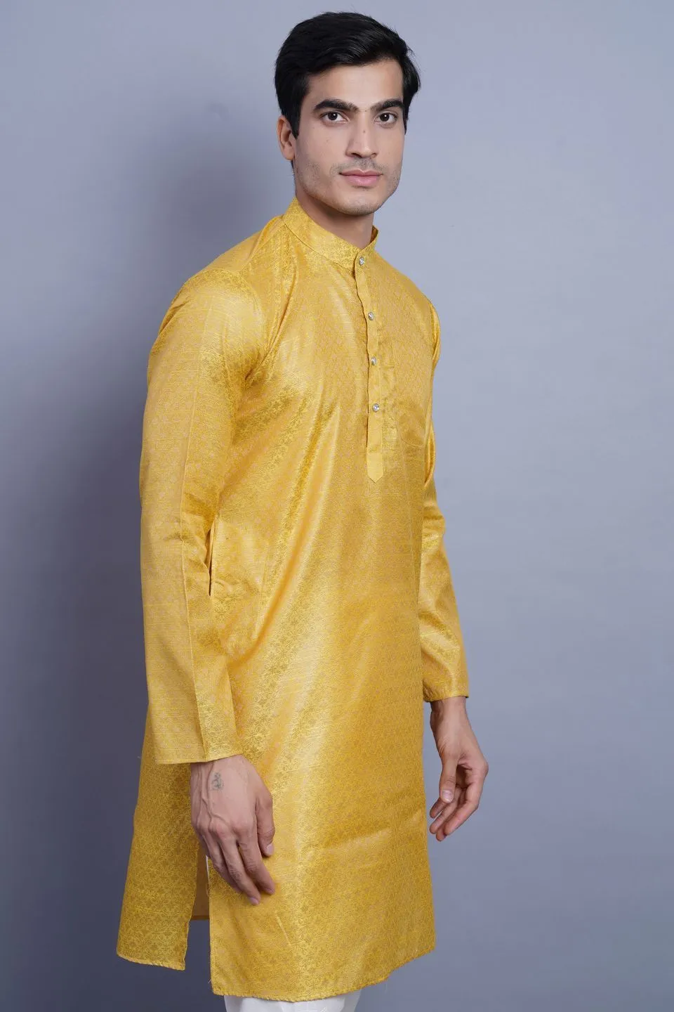 Banarasi Art Silk Cotton Yellow Kurta Pajama