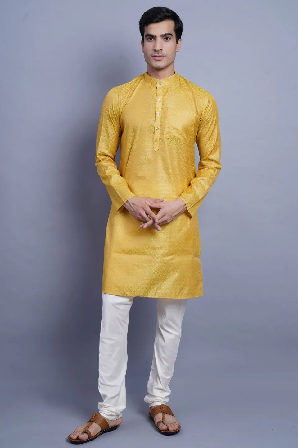 Banarasi Art Silk Cotton Yellow Kurta Pajama