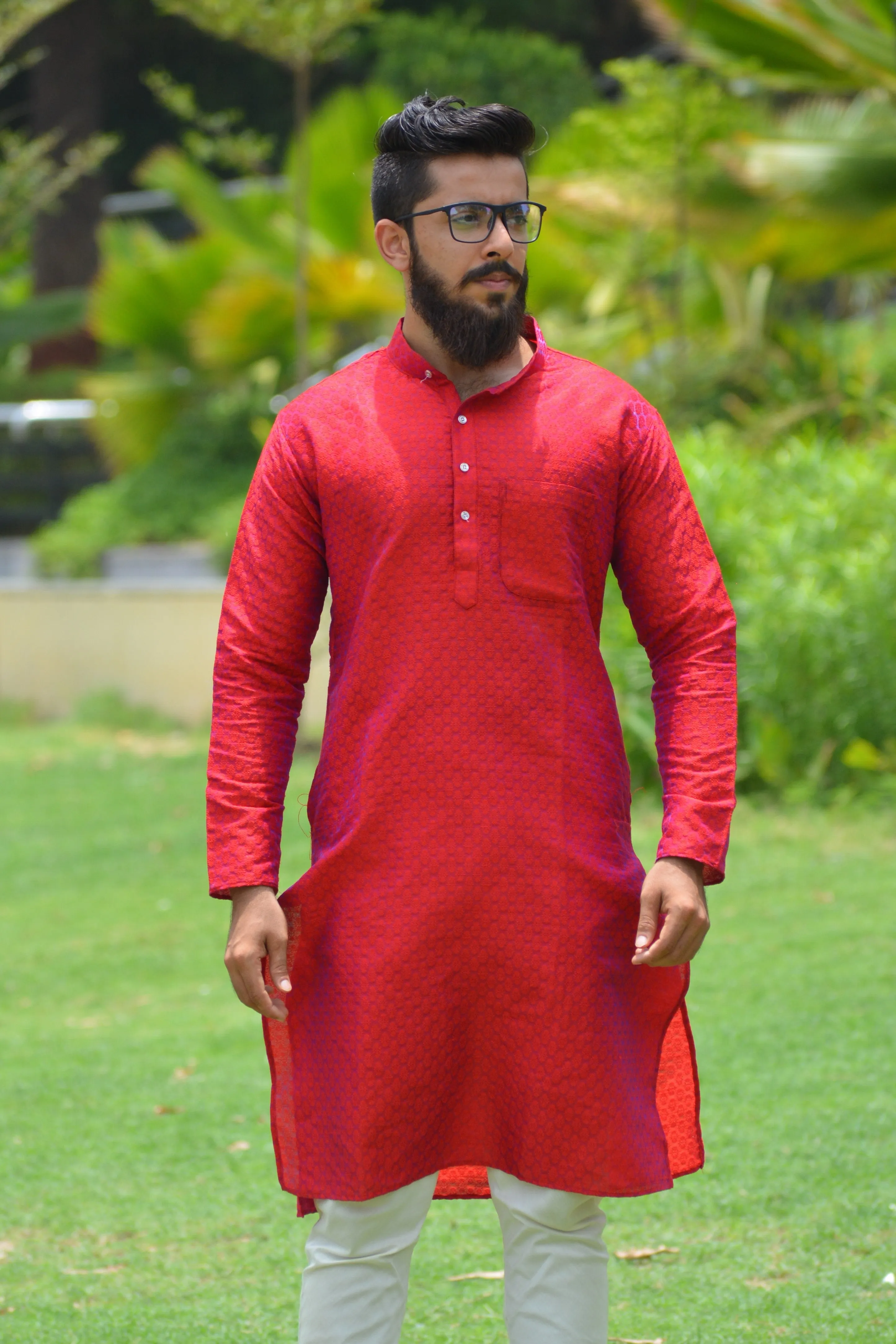 Banarasi Art Silk Red Kurta Pajama
