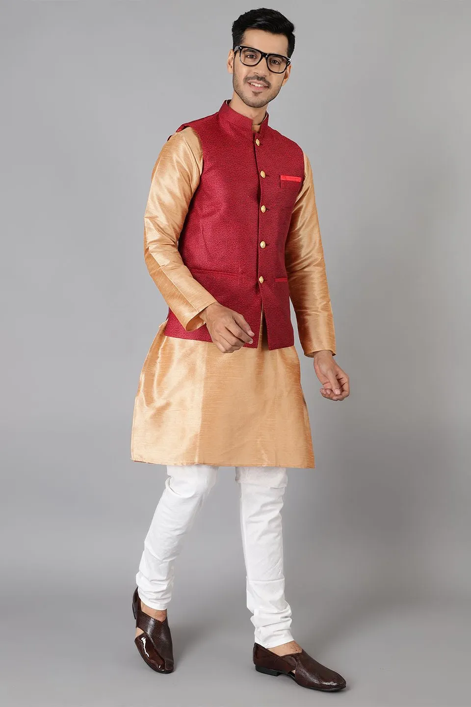 Banarasi Rayon Cotton Red Modi Nehru Jacket