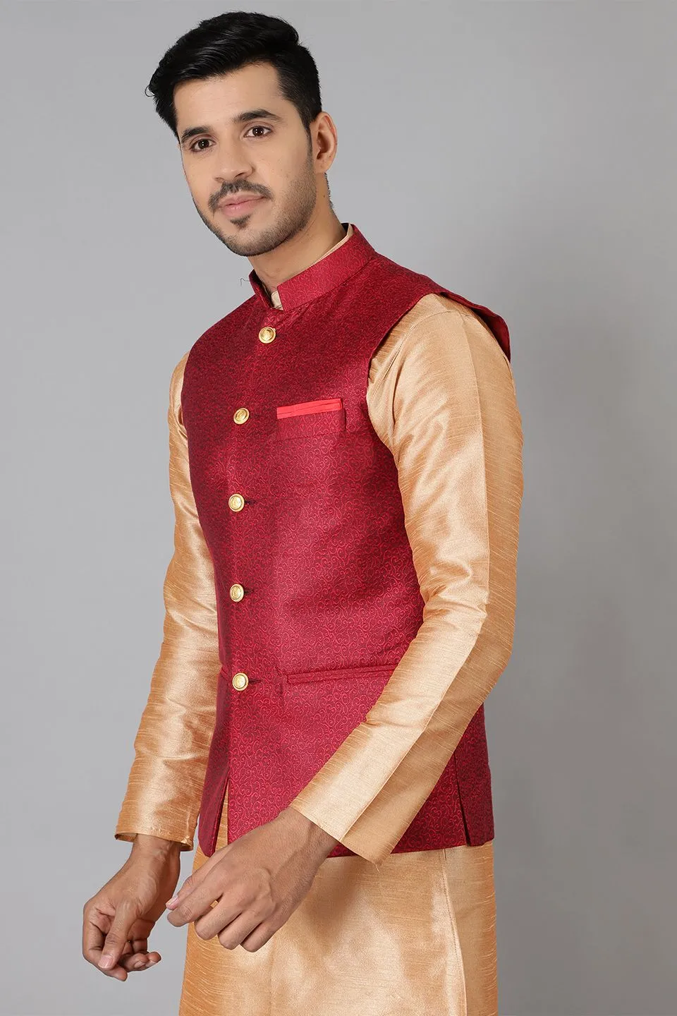 Banarasi Rayon Cotton Red Modi Nehru Jacket