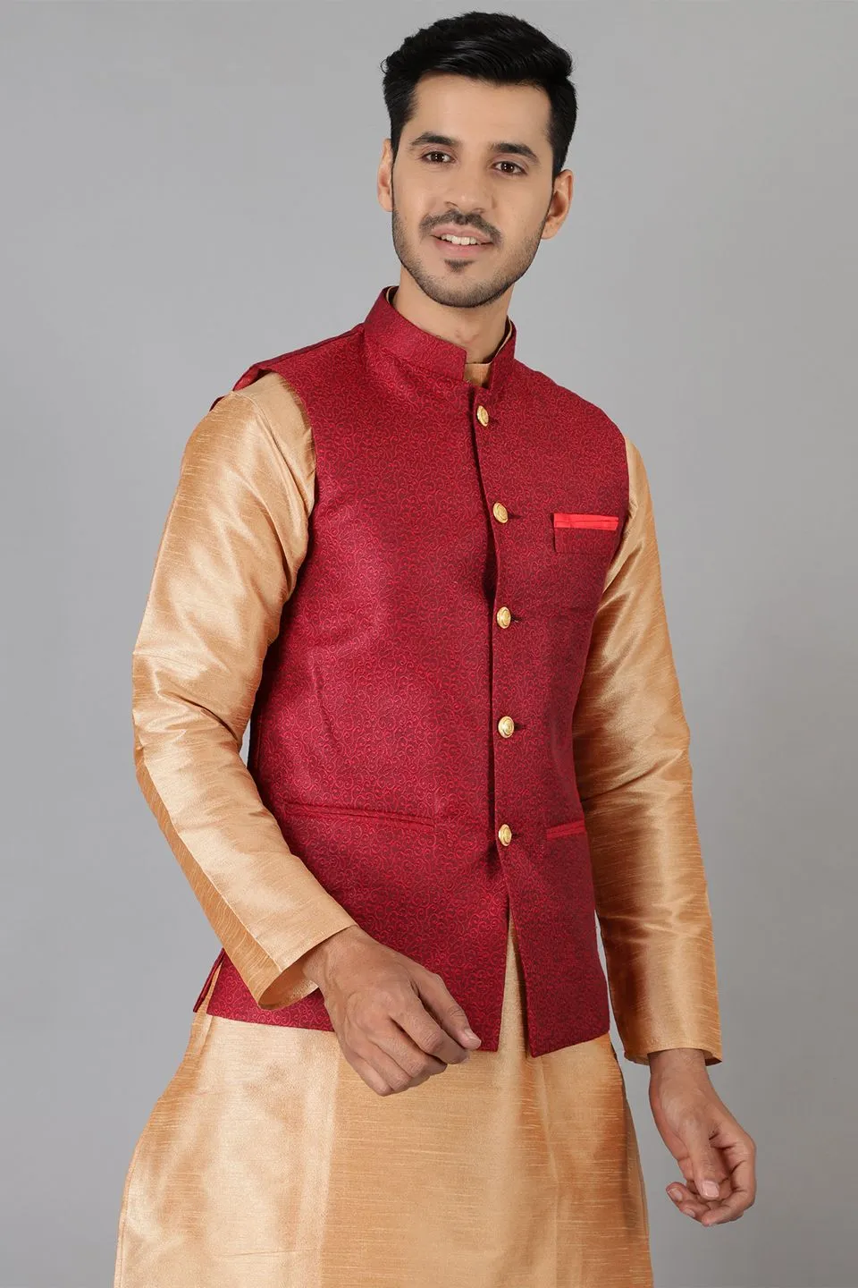 Banarasi Rayon Cotton Red Modi Nehru Jacket