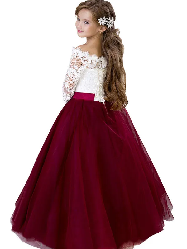 Bateau Neck Tulle Floor Length Princess Sash Kids Party Dresses