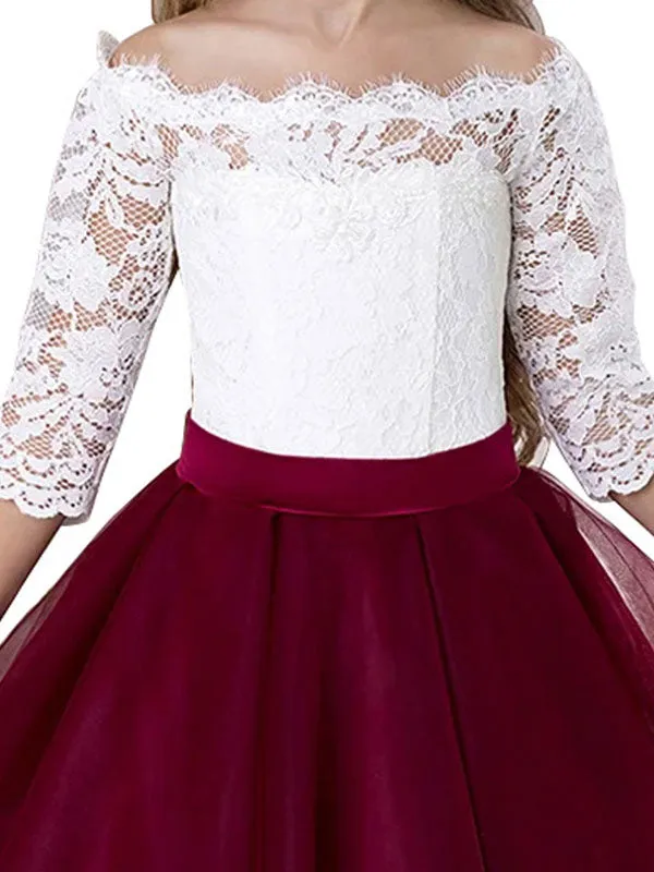 Bateau Neck Tulle Floor Length Princess Sash Kids Party Dresses