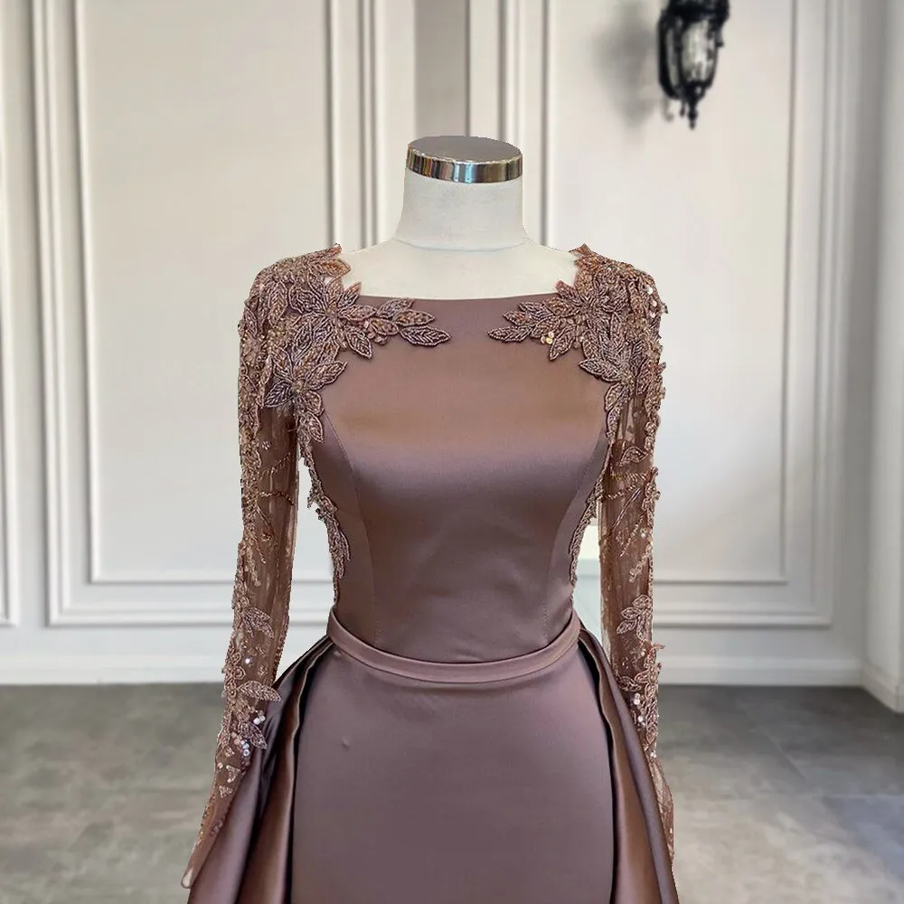 Beaded Brown Satin Women Formal Party Evening Gowns