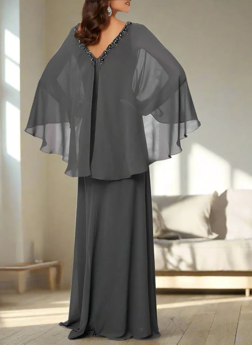 Beading Steel Grey Chiffon V-Neck Mother of The Bride Dresses