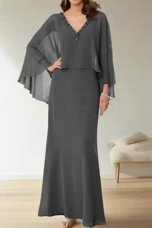 Beading Steel Grey Chiffon V-Neck Mother of The Bride Dresses