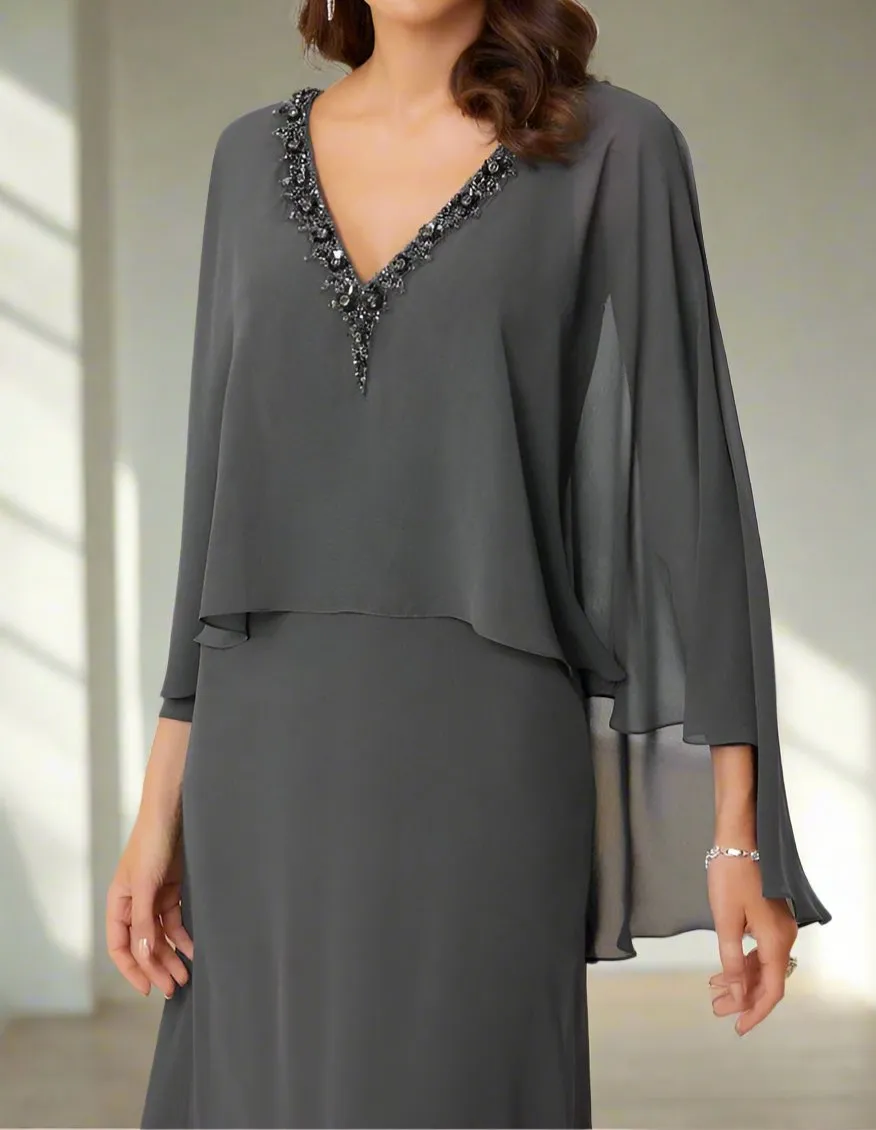 Beading Steel Grey Chiffon V-Neck Mother of The Bride Dresses