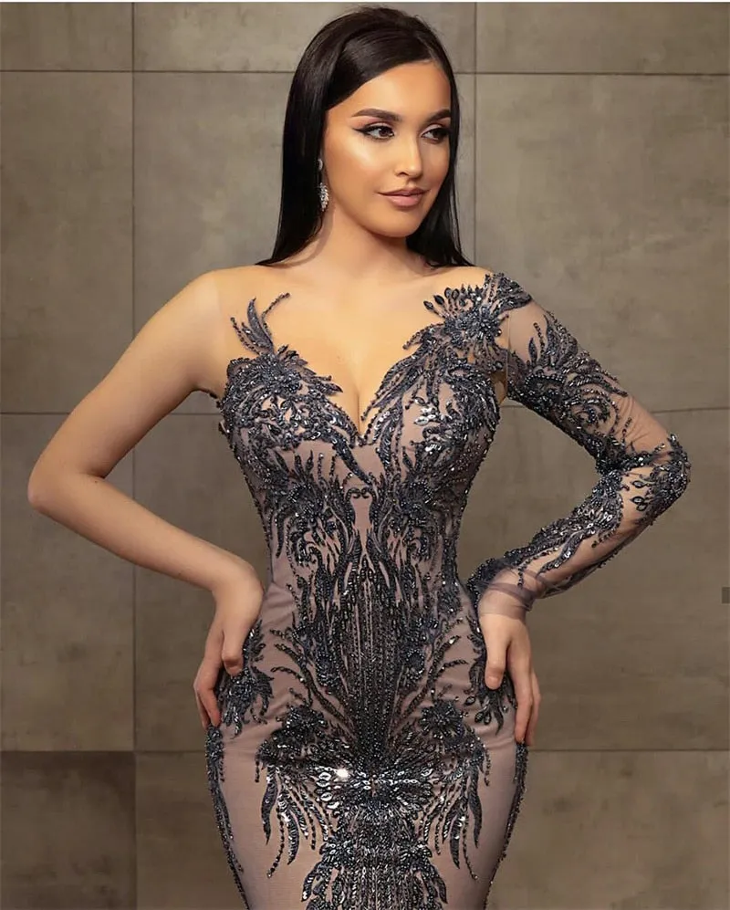 Beads Sequins Long Sleeves Glitter Dress