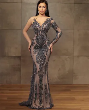 Beads Sequins Long Sleeves Glitter Dress