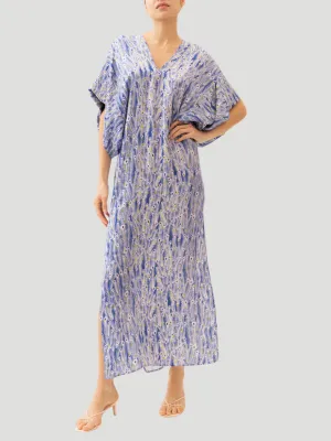 Beatriz Blue Feather Print Silk Kaftan Dress