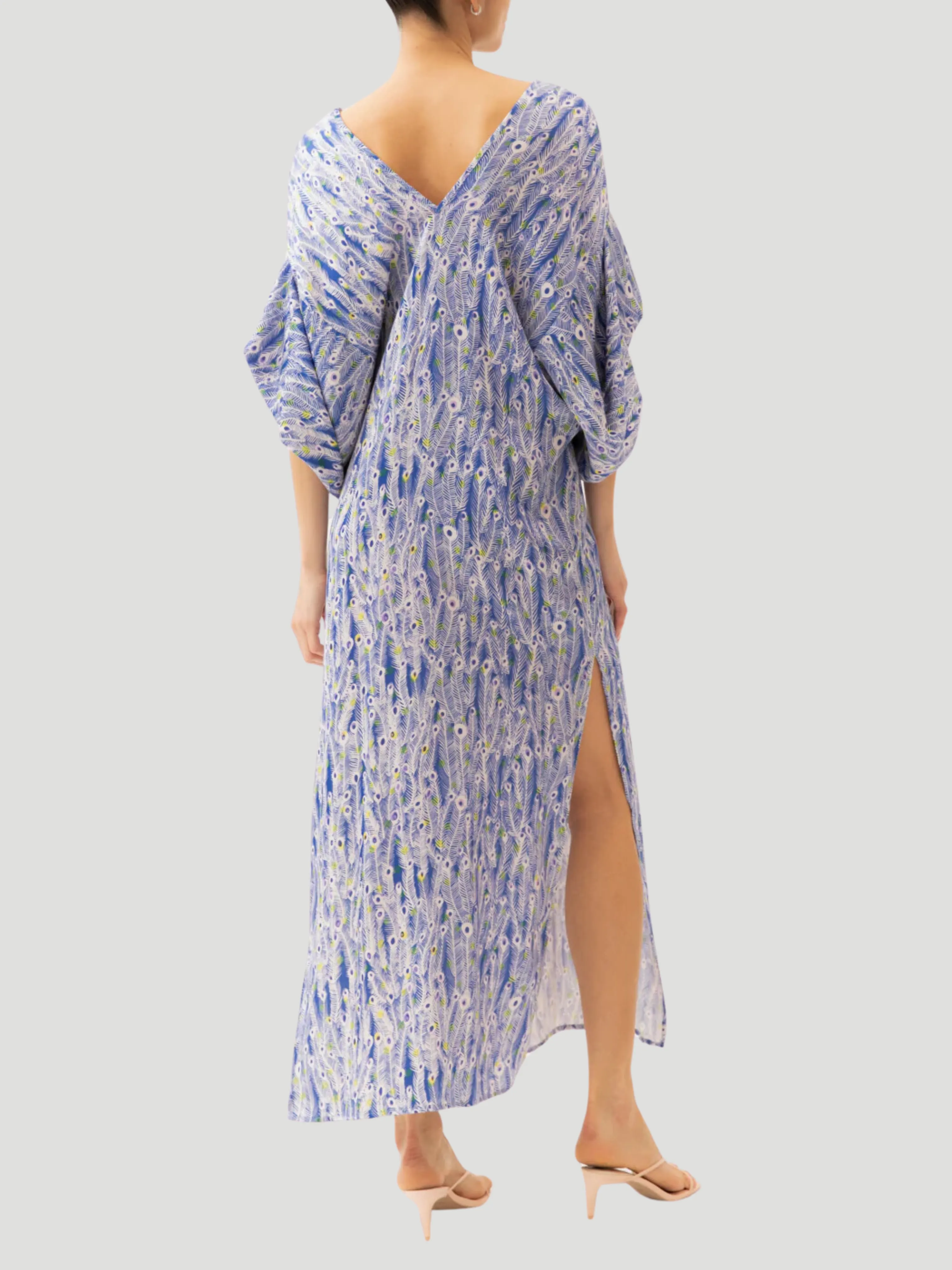 Beatriz Blue Feather Print Silk Kaftan Dress
