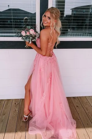 Beautiful Pink Tulle Lace A-line Backless Long Prom Dresses With Side Slit, MP694