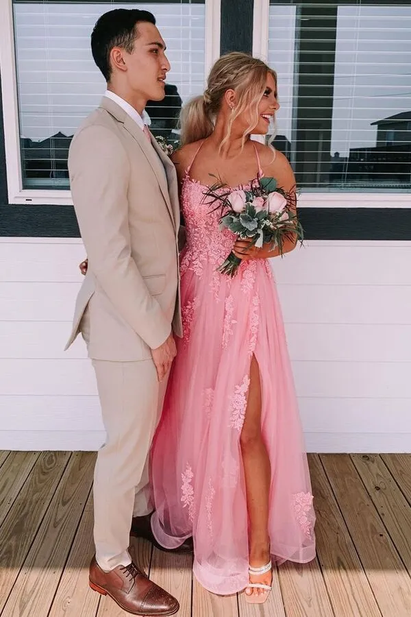 Beautiful Pink Tulle Lace A-line Backless Long Prom Dresses With Side Slit, MP694
